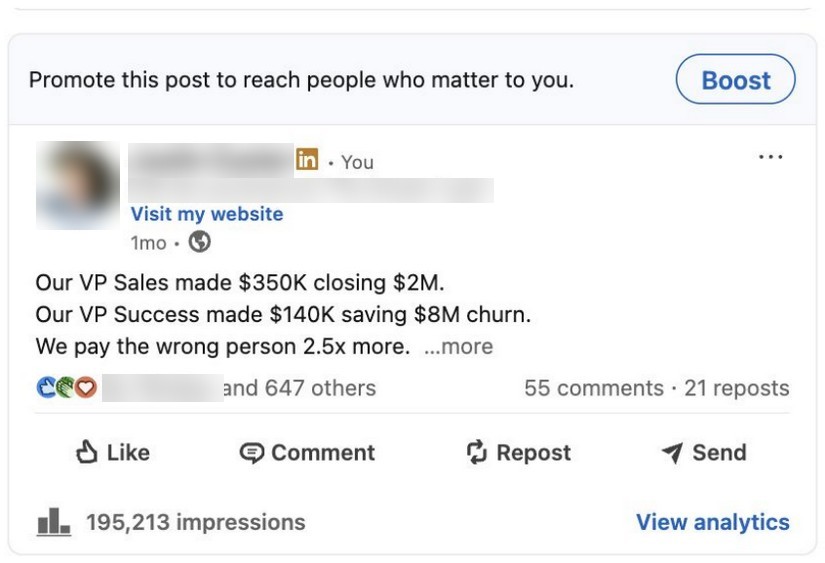 The client's LinkedIn post, name and company blurred: 647 reactions, 55 comments, 21 reposts, 195,213 impressions
